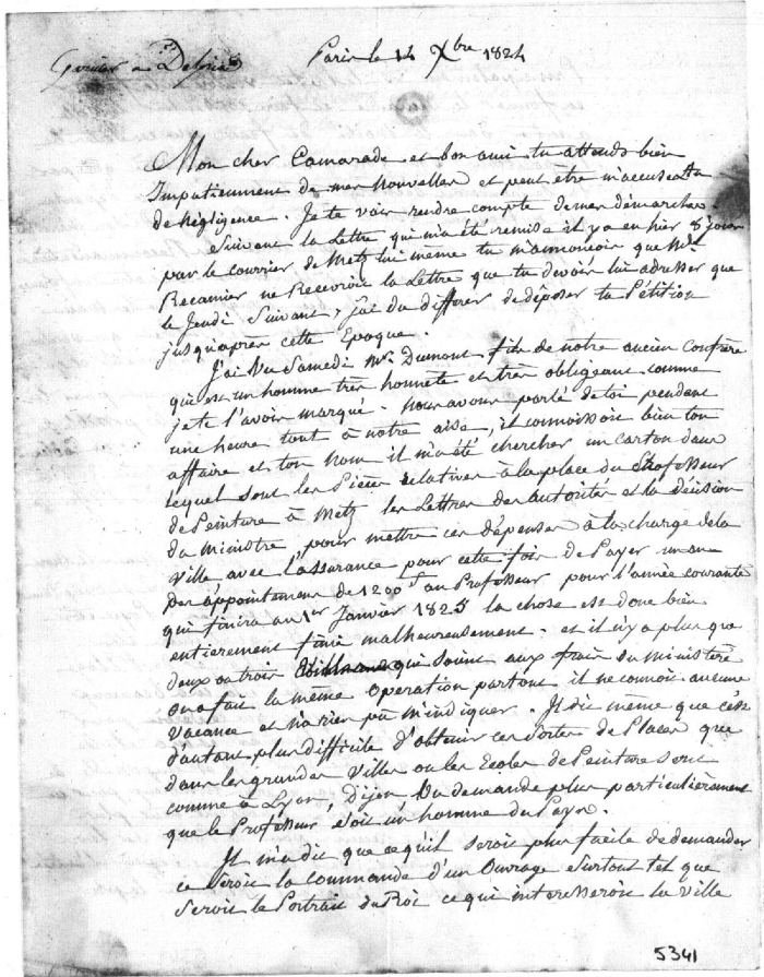 Lettre d'Étienne-Barthélémy Garnier, 14 décembre 1824, bibliothèque de l'INHA, Autographes 14/7/1. Cliché INHA