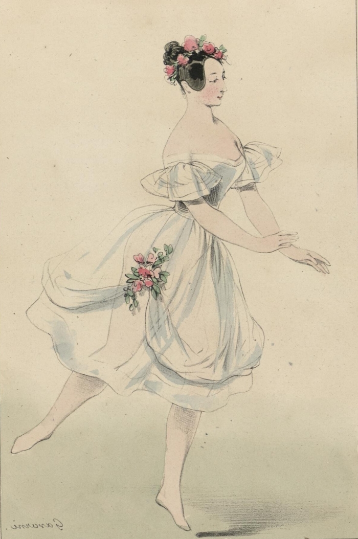 Gavarni, Costume de Mademoiselle Taglioni, rôle de Fleur des champs (La Fille du Danube), lithographie, [1836]. Bibliothèque de l’INHA, collections Jacques Doucet, OD 139. Cliché INHA