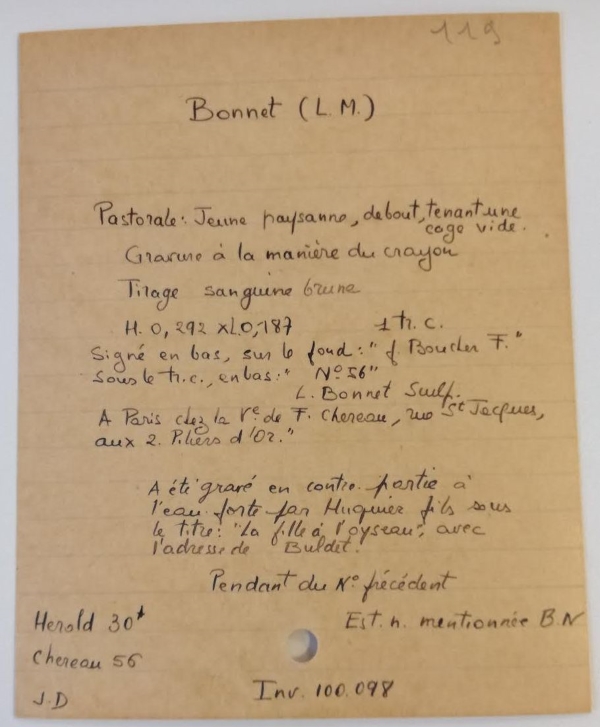 Fiche d'inventaire d'une estampe de Louis-Marin Bonnet, Inventaire de la Bibliothèque d'art et d'archéologie - collections Jacques Doucet. Cliché INHA