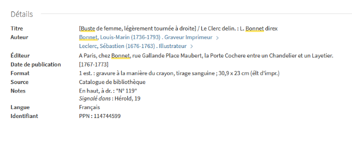Capture d’écran de la notice visible en ligne sur la catalogue de la bibliothèque de l’INHA