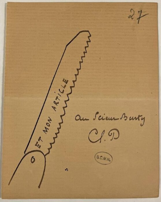 Homme de cours et de lettre, Popelin appréciait le beau mot. La correspondance conservée par l’INHA témoigne de l’esprit drolatique dont pouvait faire preuve l’artiste auprès de ses amis les plus proche. Nous prenons pour exemple, cette lettre adressée à Philippe Burty dans laquelle Popelin s’amuse de l’homonymie des mots « sieur » et « scieur » suivi d’un dessin accompagnent le jeu de mot. (INHA, BCMN Ms 516/7/27)