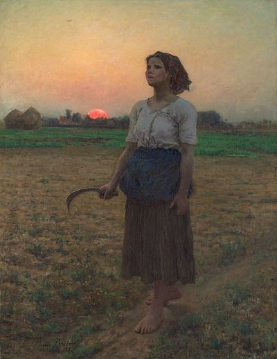 Jules Breton, Le chant de l'Alouette, huile sur toile, 1884, Art Institute of Chicago, Henry Field Memorial Collection [Une paysanne, debout, pieds nus, tenant dans sa main droite une faucille, s'est arrêtée de travailler pour écouter l'alouette. Public domain US, source : Wikimedia Commons