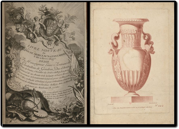 Jacques de Lajoue, Livre Nouveau de Douze Morceaux de Fantaisie..., eau-forte, [Entre 1729 et 1755], Bibliothèque de l'INHA, 4 EST 329 - Gilles Demarteau, Vases, gravure à la manière de crayon, [Entre 1770 et 1776], bibliothèque de l'INHA, 4 EST 313. Clichés INHA