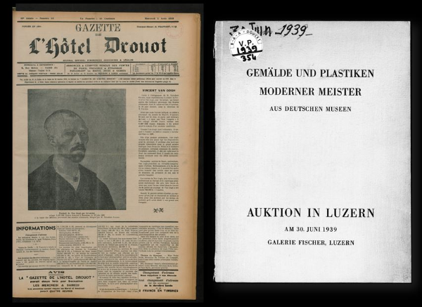 Portrait de Van Gogh par lui même [...] à la vente des tableaux provenant des musées allemands, in La Gazette de l'hôtel Drouot, 2 août 1939. Paris, bibliothèque de l'INHA, 4 X 0991. Cliché INHA - Gemälde und Plastiken moderner Meister aus deutschen Museen, Auktion im Luzern am 30. Juni 1939. Paris, Bibliothèque de l'INHA, VP 1939/354. Cliché INHA