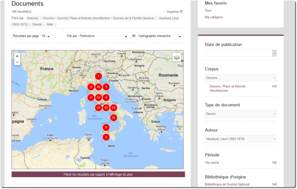 Vue de la bibliothèque numérique. Affichage en cartographie interactive des dessins exécutés par Léon Vaudoyer pendant son séjour à la Villa Médicis grâce aux données de géolocalisation