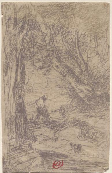 Jean-Baptiste Camille Corot, Le Bûcheron de Rembrandt, cliché-verre, 9,9 × 6,2 cm, 1853. Paris, bibliothèque de l’INHA, EM COROT 9, acquisition par Jacques Doucet en 1906. Cliché INHA.