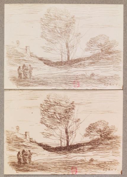 Jean-Baptiste Camille Corot, Souvenirs d’Eza, cliché-verre, 12,3 × 17,9 cm, 1874 deux retirages (dont un réalisé avec une plaque de verre interposée entre la matrice et la feuille photosensibilisée) réalisés pour l’ouvrage d’André Marty, L’Imprimerie et les procédés de gravure au XXe siècle, Paris, 1906, 4 Res 580. Image : BnF/Gallica.