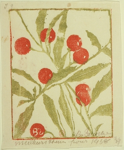 Bertha Züricher, [Cerises], estampe, bois en couleur, [1938 ?]. Paris, bibliothèque de l'Institut national d'histoire de l'art, EM ZURICHER 63. Cliché INHA