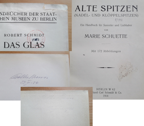 En haut à gauche : ex-libris découpé sur R. Schmidt, Das Glas, Berlin, 1922, bibliothèque de l’INHA, fonds BCMN, 8 M 0182. À gauche au centre et en bas : ex-libris de Walter Strauss, présent sur P. Schubring, Donatello..., Stuttgart-Leipzig, 1922, bibliothèque de l’INHA, fonds BCMN, 4 D 0229 (11bis) ; et effacé sur E. Buschor, Griechische Vasenmalerei, München, 1925, bibliothèque de l’INHA, fonds BCMN, 3 BA 0359. À droite : ex-libris effacé sur M. Schuette, Alte Spitzen..., Berlin, 1914, bibliothèque de l’INHA, fonds BCMN, 8 M 0177.