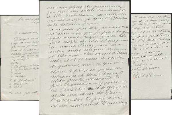 Lettre de Bertha Züricher à Clément-Janin, 16 mars 1914. Paris, bibliothèque de l'Institut national d'histoire de l'art, archives de la BAA, fonds du cabinet des estampes modernes. Cliché INHA