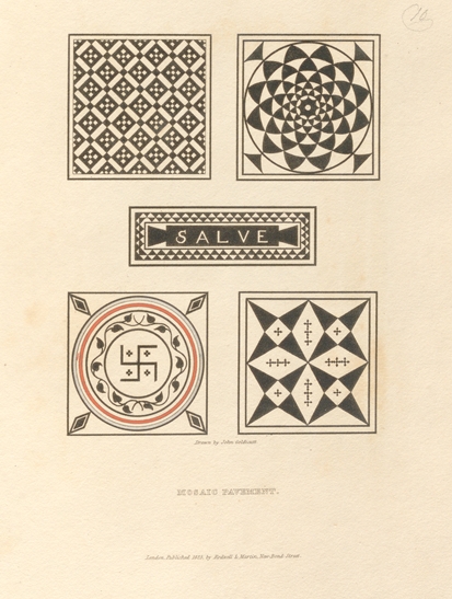 « Mosaic pavement », dans J. Goldicutt, Specimens of Ancient Decorations from Pompeii, London, Rodwell & Martin, 1825, London, Rodwell & Martin, 1825. Paris, bibliothèque de l’Institut national d’histoire de l’art, 4 Res 2567.