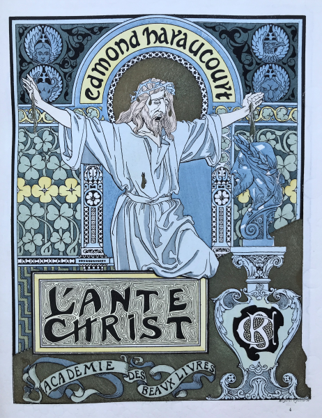 Couverture d’Eugène Courboin, Edmond Haraucourt, L’Antéchrist, Académie des Beaux Livres, 1893. Paris, bibliothèque de l'INHA, PATR-2021-108. Cliché INHA