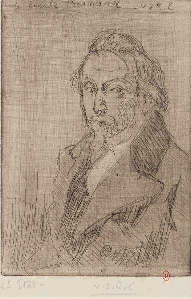 Victor-Joseph Roux-Champion, Portrait d’Émile Bernard, n. d., eau-forte et roue, 17,5 x 12,1 cm (coup de planche) 32 x 22,5 cm (feuille). Paris, bibliothèque de l'INHA, EM ROUX-CHAMPION 1.