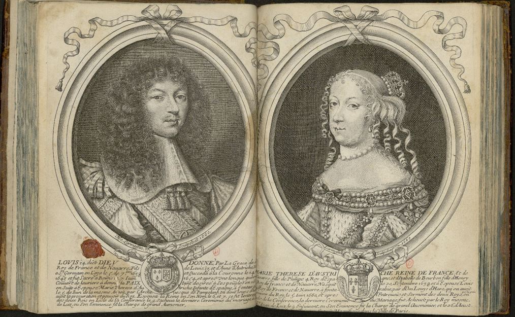 Nicolas II de Larmessin, [Portraits en médaillon de Louis XIV et Marie-Thérèse d'Autriche, Recueil factice de livrets de fête relatifs à l'entrée royale de Louis XIV et Marie-Thérèse d'Autriche dans Paris...], 1660, gravure sur cuivre. Paris, bibliothèque de l'INHA, 8 RES 553 (1-15). Cliché INHA