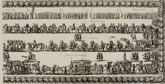 Jean Lepautre (Selon Mariette), [Cortège de l'entrée : Carrosse du corps de la Reyne, L'Entrée triomphante de Leurs Majestez Louis XIV, Roy de France et de Navarre et Marie-Thérèse d'Austriche, son espouse, dans la ville de Paris...], 1662, gravure sur cuivre. Paris, bibliothèque de l'INHA, FOL RES 490. Cliché INHA