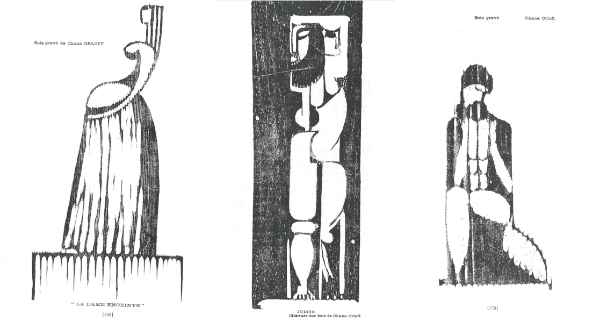 Trois gravures sur bois de Chana Orloff, parues dans la revue SIC : La dame enceinte, SIC du 14 février 1917 ; Judith, SIC de juillet-août 1917 ; Bois gravé, SIC du 23 novembre 1917. Paris, bibliothèque de l'INHA, 4 PER 254. Clichés INHA