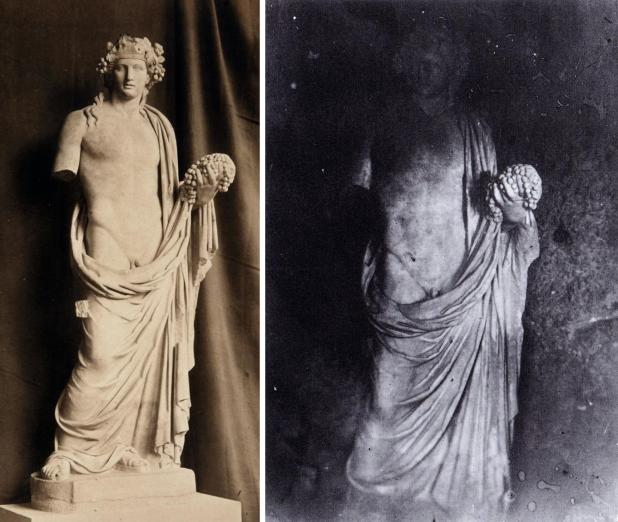 Statue de Dionysos provenant du "Cesareum", photographiée à gauche par Francis Bedford à Londres (Smith, Porcher, History of the Recent Discoveries at Cyrene, 1864, bibliothèque de l’INHA, Fol Res 771, pl. 61. Cliché INHA), à droite par Smith à Cyrène (British Museum, inv. 1861,0725.2. © The Trustees of the British Museum, Creative Commons)