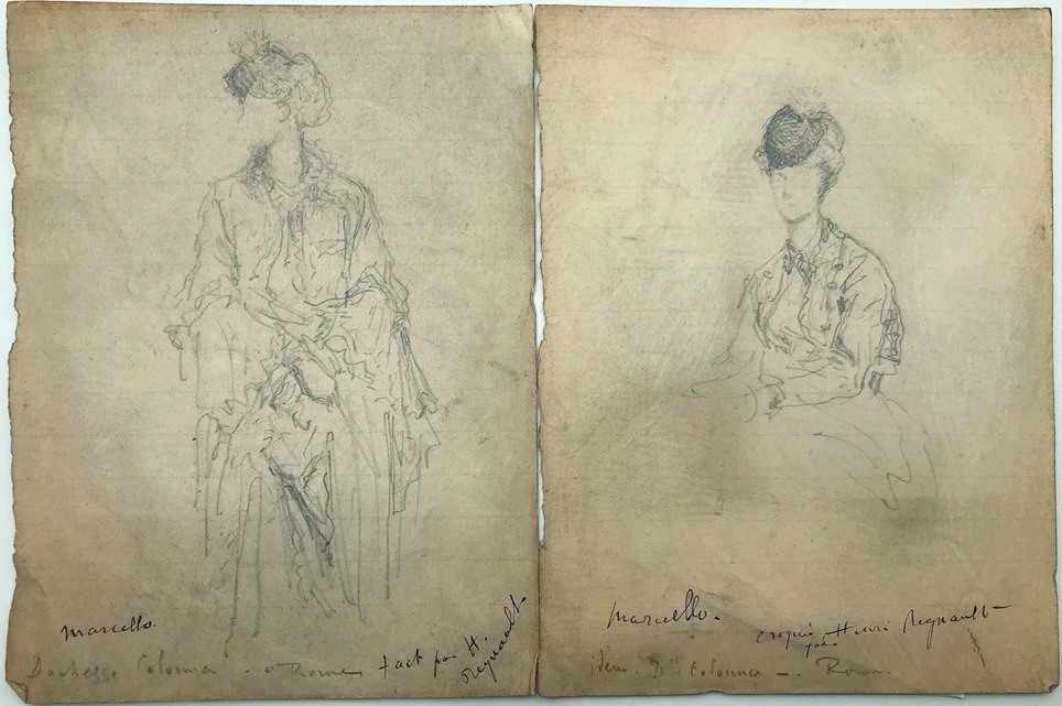 Henri Regnault, croquis de la duchesse Colonna à Rome, graphite sur papier, 2 feuillets. Paris, bibliothèque de l'INHA, Archives 171/2/1. Cliché INHA