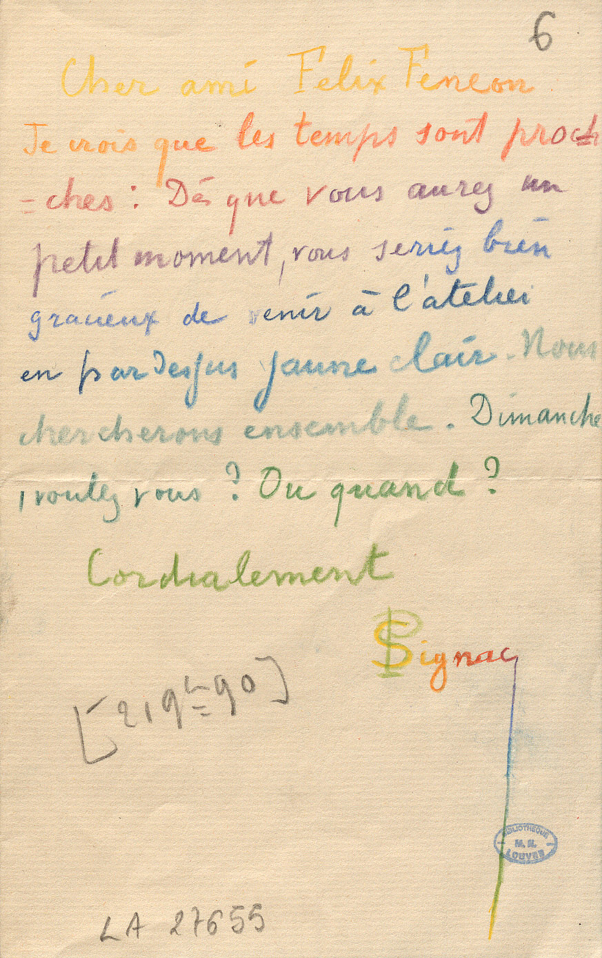 Paul Signac, lettre à Félix Fénéon, 21 septembre 1890, crayons de couleur sur papier. Paris, bibliothèque de l’INHA, BCMN Ms 408 (6). Cliché INHA