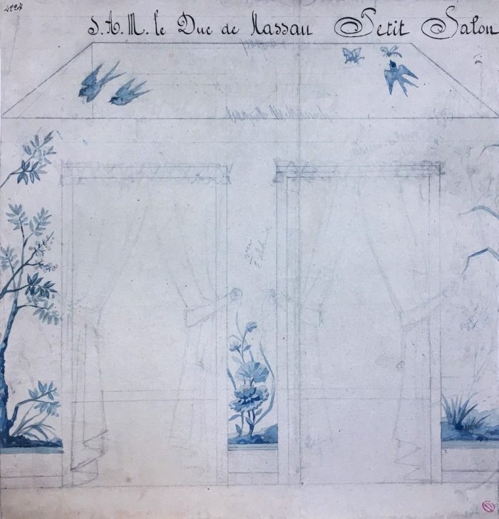 Henry Penon, [Décor d’un petit salon pour le duc de Nassau], graphite, encre et lavis sur papier, [1870-1897]. Paris, bibliothèque de l'INHA, collections Jacques-Doucet, OA 811 (16). Cliché J. Lécuyer