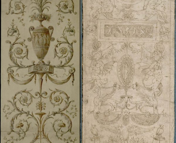 À gauche : anonyme, Motifs décoratifs composés de vases, feuillages, draperies… (détail), plume et encre noire, lavis et aquarelle, 65 x 18 cm, XVIIIe siècle, OA 306. À droite : attribué à Nicoletto da Modena, Dessin d’ornement (détail), plume, 28,3 x 8,2 cm, XVIIIe siècle, OA 700. Paris, bibliothèque de l'INHA, collections Jacques Doucet. Clichés INHA.