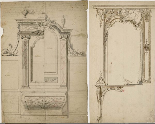 Ensemble de projets de cheminées, portes, glaces, chambranles, boiseries, autels… exécutés par Louis Herluison-Cornet et son fils Louis, plume et encre noire et brune, crayon, lavis, aquarelle, XVIIIe siècle. Paris, bibliothèque de l'INHA, collections Jacques Doucet, OA 273 et OA 277. Cliché INHA.